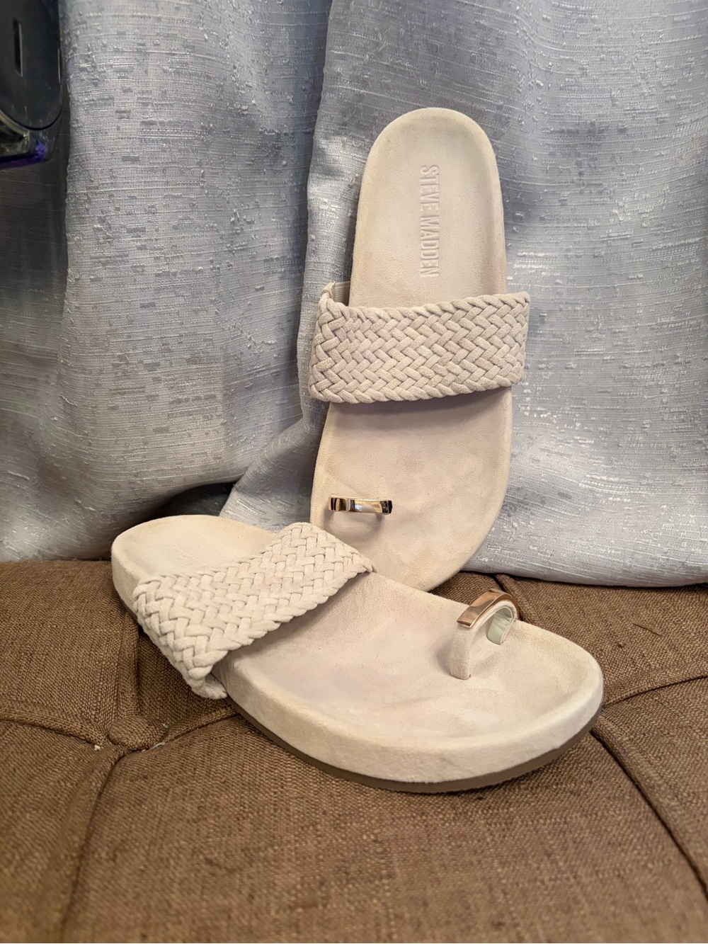 Steve Madden Cream Woven Toe-Ring Slide Sandals